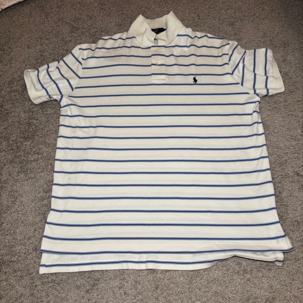 Polo Ralph Lauren Mens XL White Blue Striped Short Sleeve Cotton Polo Shirt